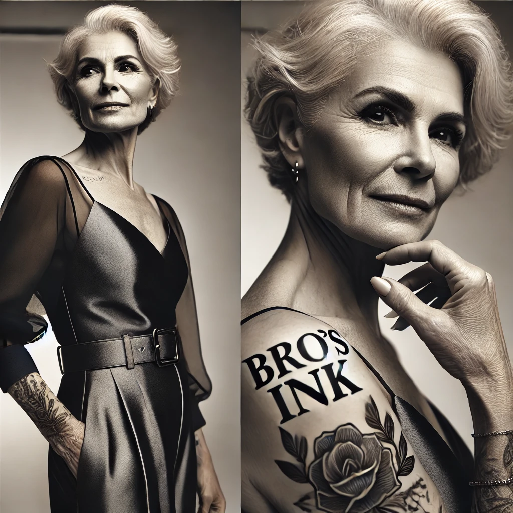 Reife Frau in eleganter Pose mit stilvollem Kleid und Oberschenkel-Tattoo